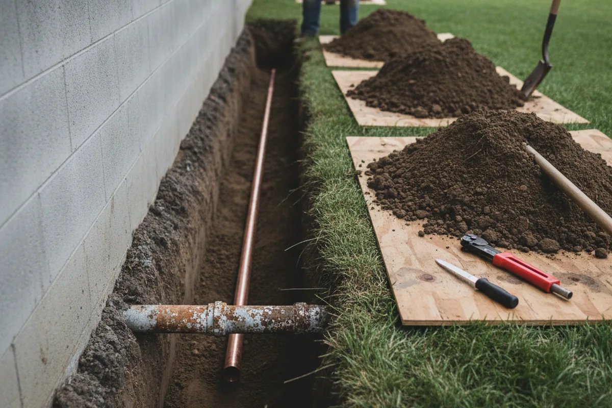 Excavated water line trench during Water Softener Installation in Skaneateles Falls